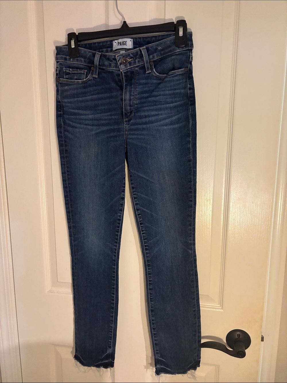 PAIGE Dark Blue Ankle Skinny Jeans with Frayed Hem